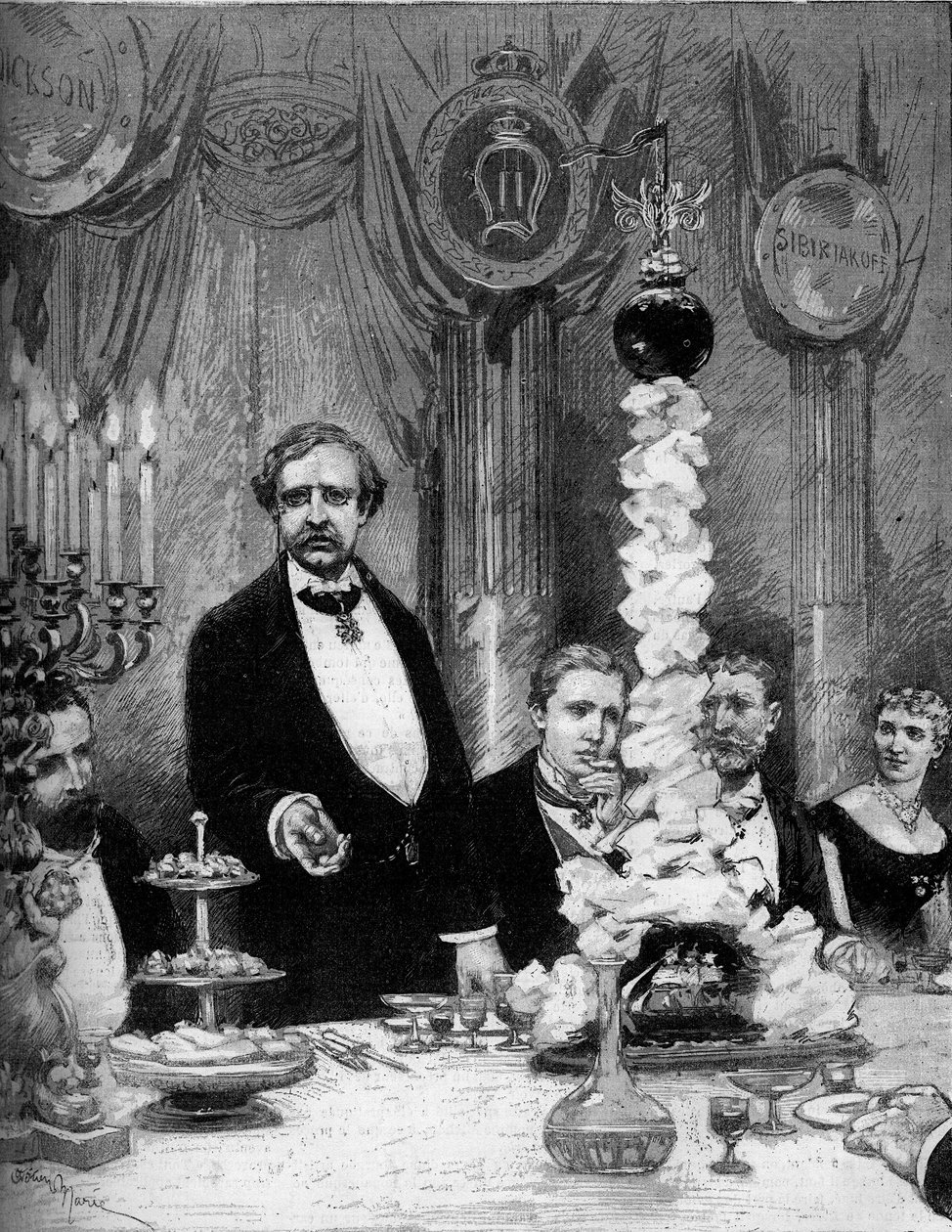 Banket pořádaný skandinávskou kolonií Paříže na počest průzkumníka Nilse Adolfa Erika (Erica) barona Nordenskjolda (Nordenskiold) (1832-1901) v hotelu Continental. Dary jsou: hrabě Kapnitz, profesor Nordenskjold, princ Oscar Švédský (1859-1953 od Adrien Emmanuel Marie