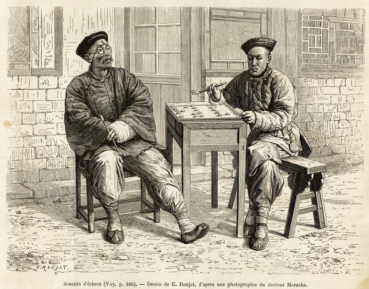 šachisté. Rytina podle kresby A. Marie, pro ilustraci plavby do Pekinu a severní Číny, od T.Choutze, v roce 1873, publikovaná v “”Le tour du monde””” 1876, editoval Edouard Charton, vydání Hachette, Paříž. Kolekce Selva. od Adrien Emmanuel Marie