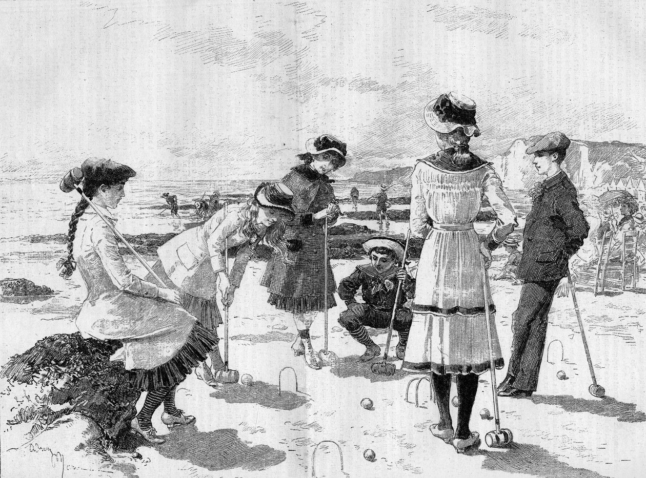 Děti hrají kroket na pláži. Rytina Adriena Marie v „“ Le Monde Illustré““ č. 1277 ze 17. září 1881. od Adrien Emmanuel Marie