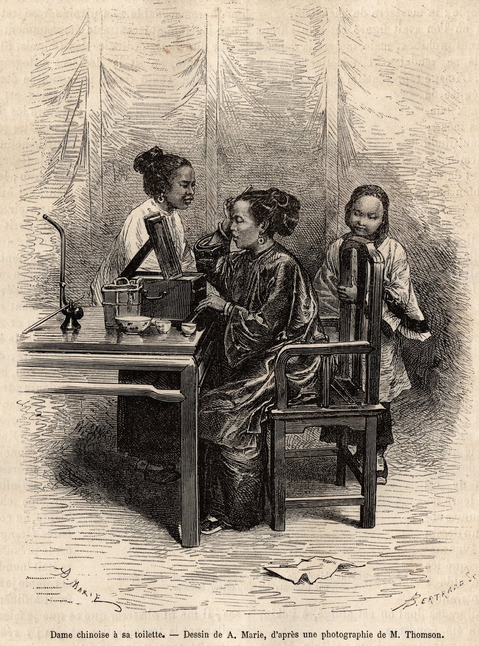 Číňanka má svůj záchod. Rytina podle kresby A. Marie, pro ilustraci plavby do Pekinu a severní Číny, od T.Choutze, v roce 1873, publikovaná v “”Le tour du monde””” 1876, editoval Edouard Charton, vydání Hachette, Paříž. Kolekce Selva. od Adrien Emmanuel Marie
