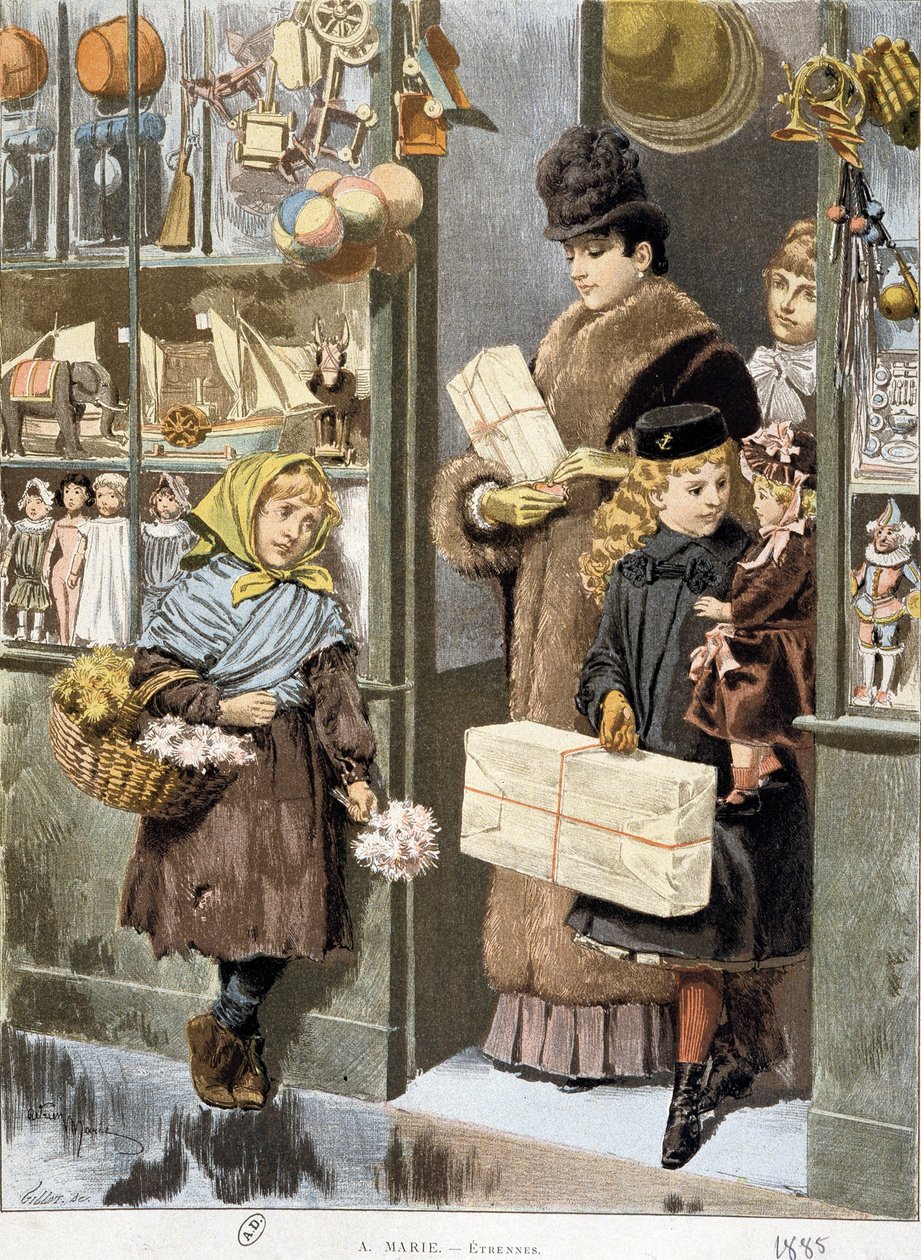 Chudinka prodávající malé kytičky u východu z hračkářství, kde vycházejí bohatí lidé (nakupovat na Vánoce?) - kresba Adrien Marie od Adrien Emmanuel Marie