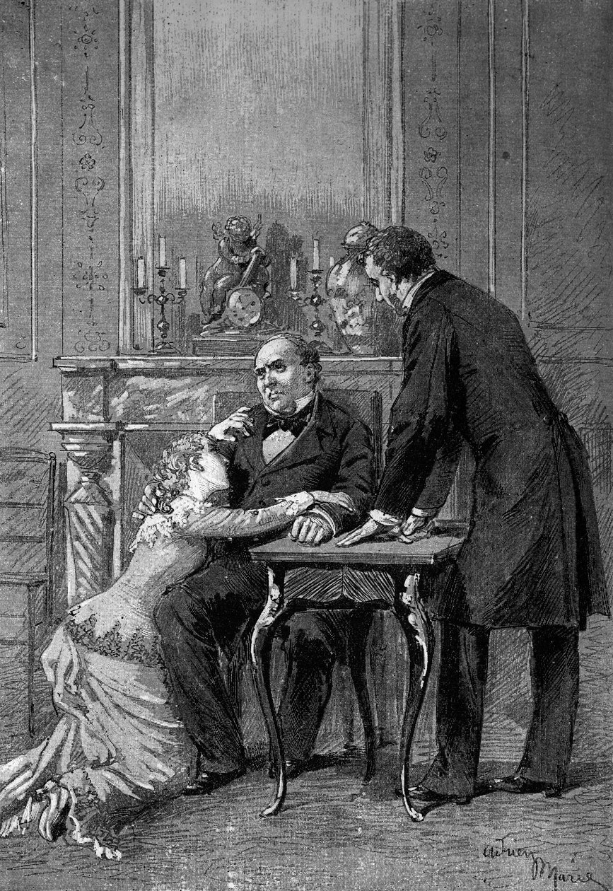 Divadelní představení: 1. dějství "Jean Baudry"" od Augusta Vacquerieho (1819-1895) se slečnou Bertet (Andree), panem Barrem (Bruel), Edmondem Gotem (1822-1901) (Jean Beaudry). Paříž, komedie Francaise od Adrien Emmanuel Marie