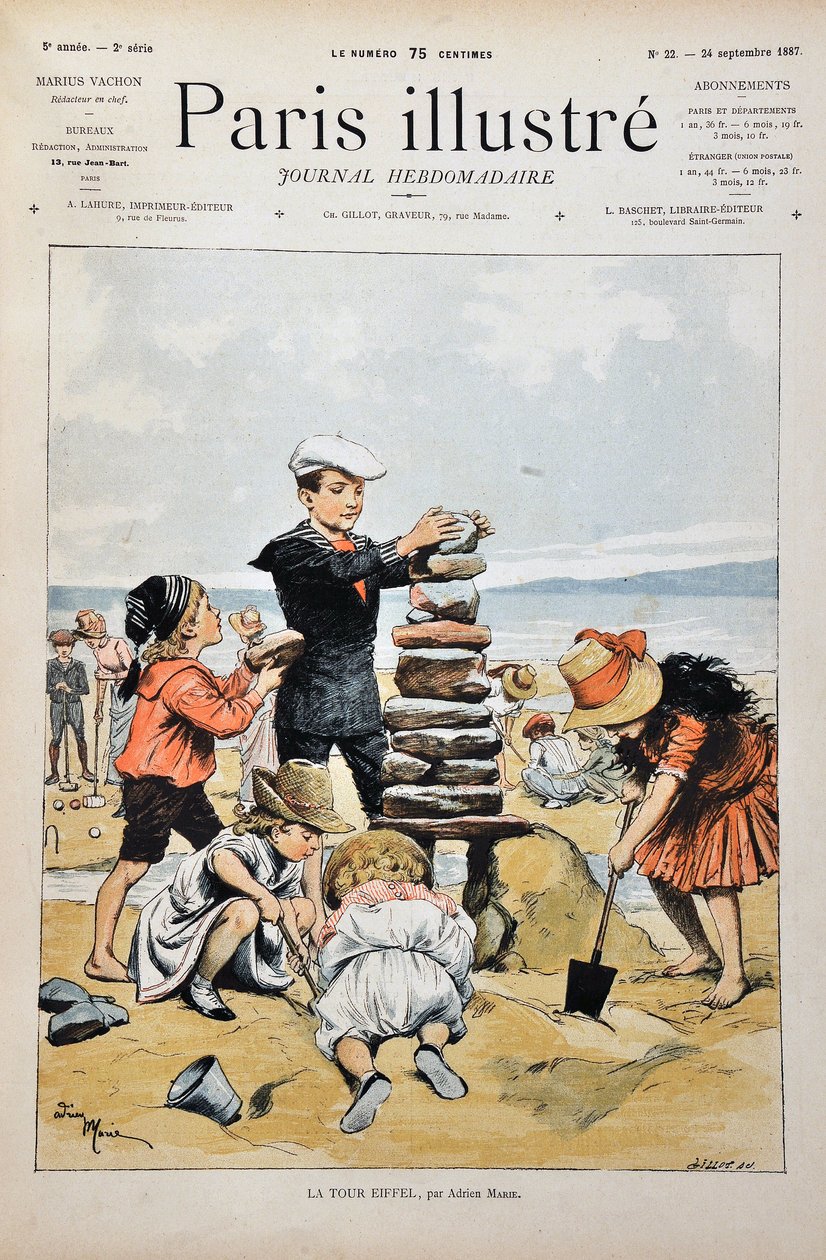Eiffelova věž Skupina dětí hrajících si na pláži a realizující repliku Eiffelovy věže s kameny a pískem. ilustrace Adrien Marie (1848-1891). Rytina z roku 1887 v týdeníku Paris-Illustrous journal. od Adrien Emmanuel Marie