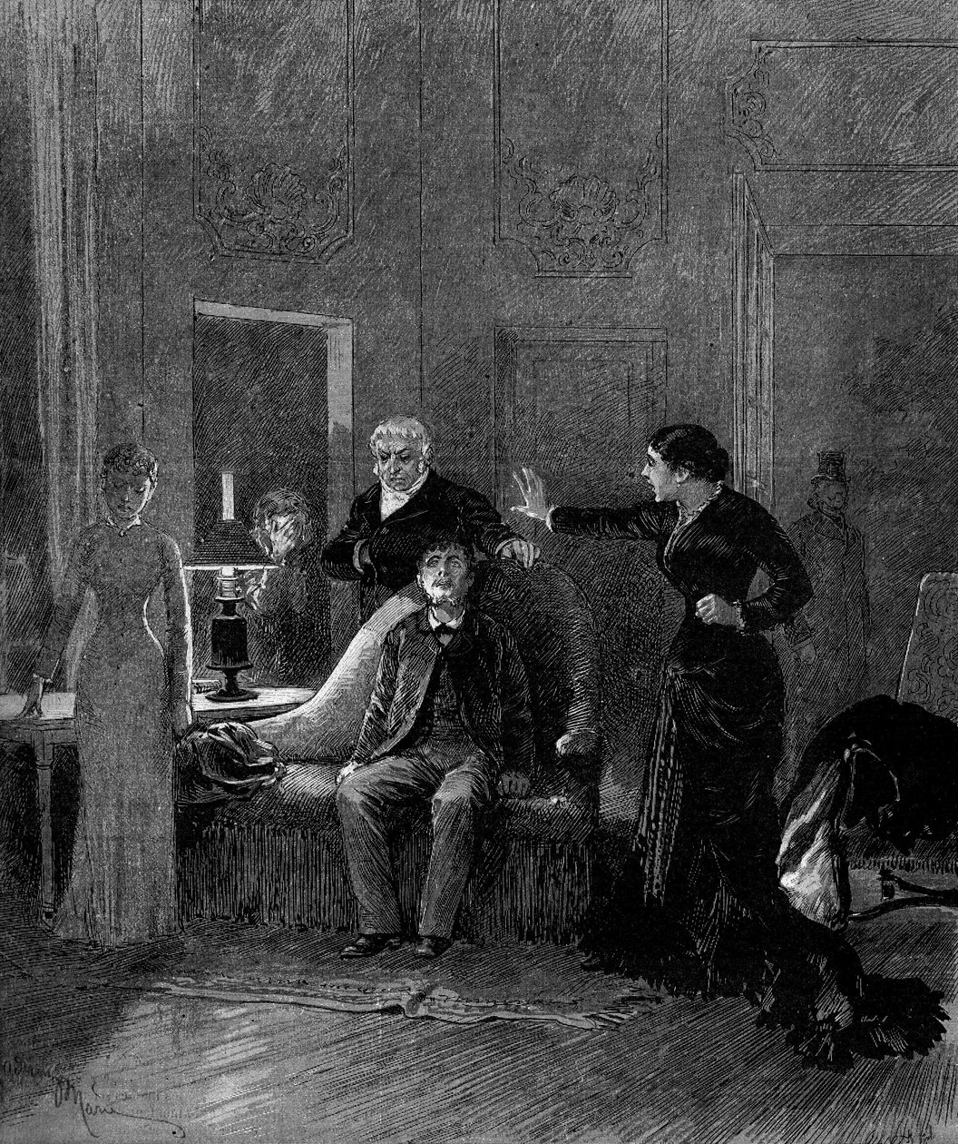Divadelní ztvárnění: 5. dějství „Jack“ od Alphonse Daudeta (1840-1897) a H. Lafontainea se slečnou Sisosovou (Cecile), M. Porelem (Dr. Rivalové), M. Chelles (Jack), slečnou Montalandovou (Ida de Barancy) ). Paříž, divadlo de l