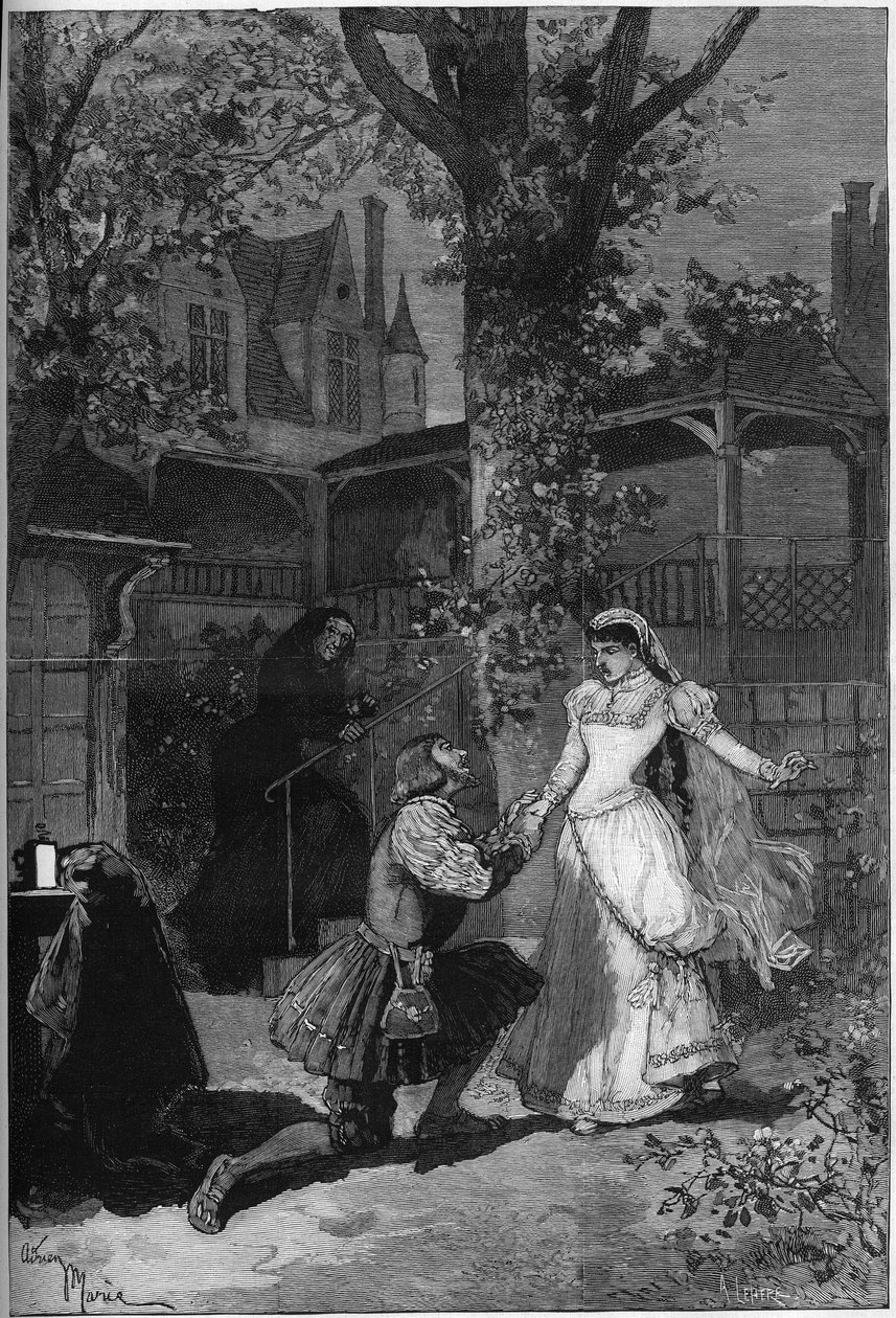 Divadelní ztvárnění: „Král se baví“ od Victora Huga (1808-1883). Scéna 2 dějství 5: dům Tribouleta, krále Francoise 1. (Mounet Sully (nebo Mounet Sully) 1841-1916) u nohou Blanche (Julia Bartet od Adrien Emmanuel Marie