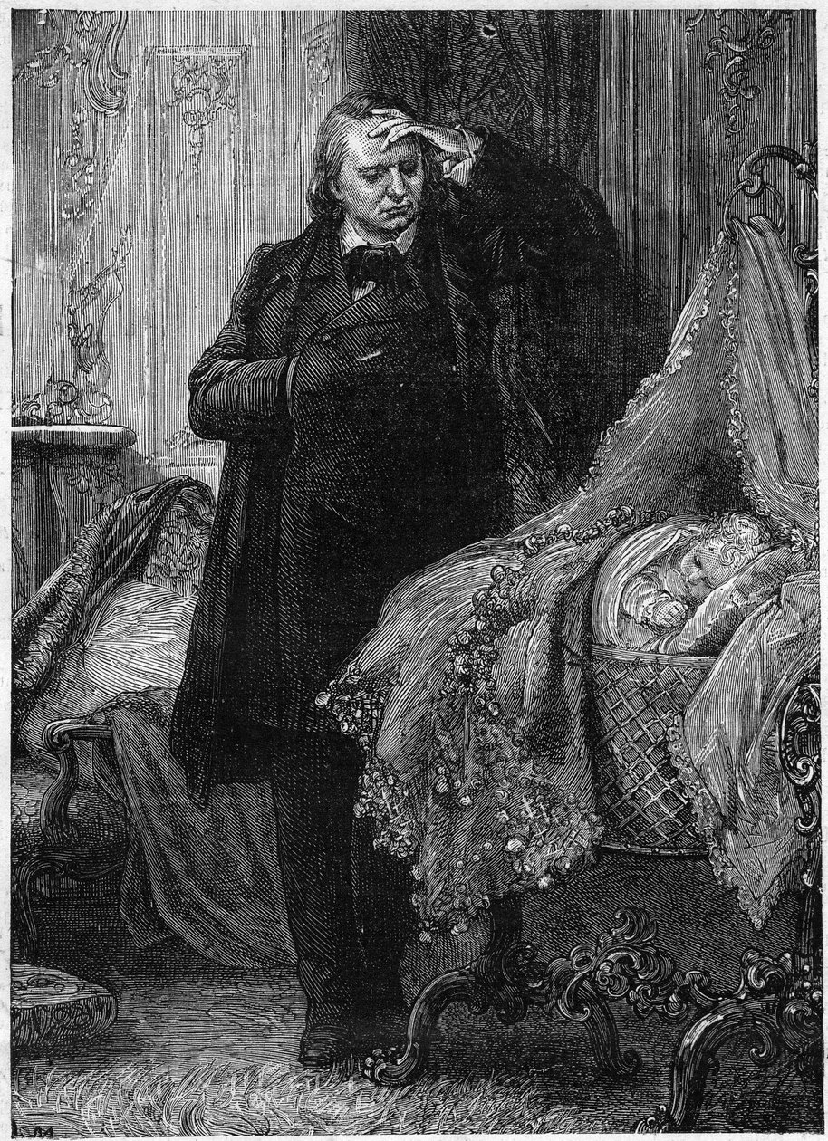 Victor Hugo pozoruje dítě spící ve své postýlce. Ilustrace „Historie zločinu“ od Victora Huga (1802-1885). Ilustrace M. A. Marie od Adrien Emmanuel Marie