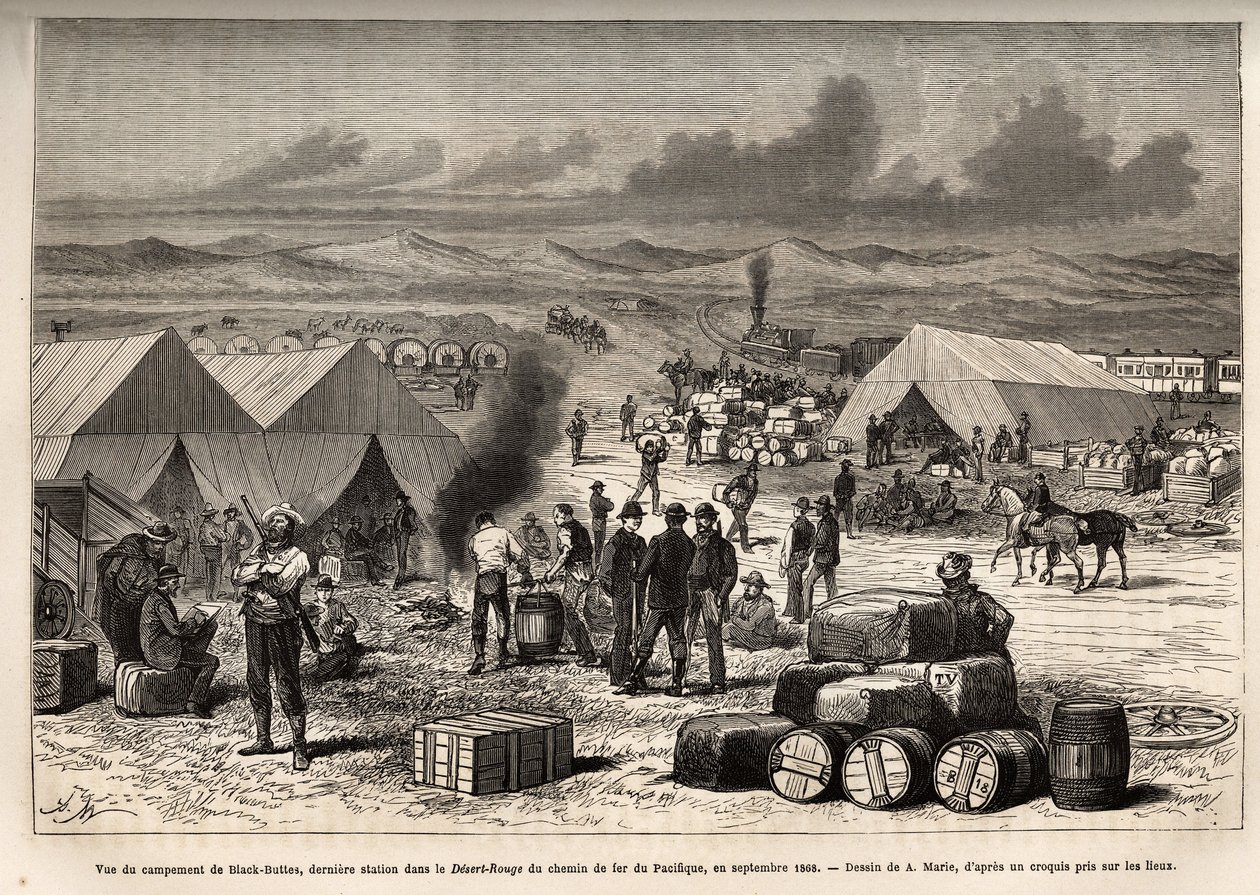 Pohled na tábor Black Buttes, poslední stanice v rudé poušti (mojavská poušť) Pacifické železnice, v září 1868, rytina podle kresby A. Marie, ilustrující cestu z Washingtonu do San Francisca, v roce 1868, od L. Simonin, publikované v od Adrien Emmanuel Marie