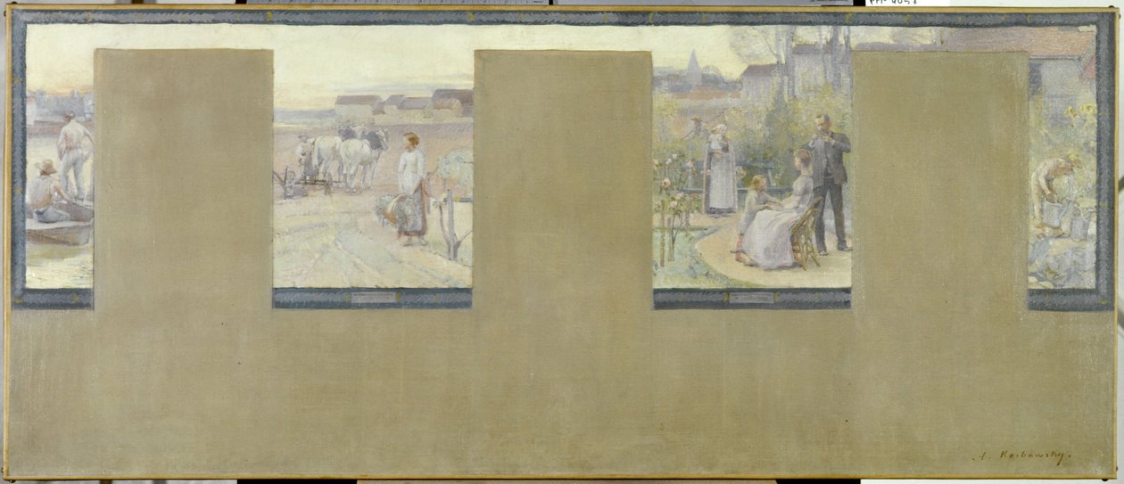 Skica pro radnici v Nogent-sur-Marne: Le canotage - le labourage - la villégiature - le jardinage, en 1889 (olej na plátně (armure)) od Adrien Karbowsky