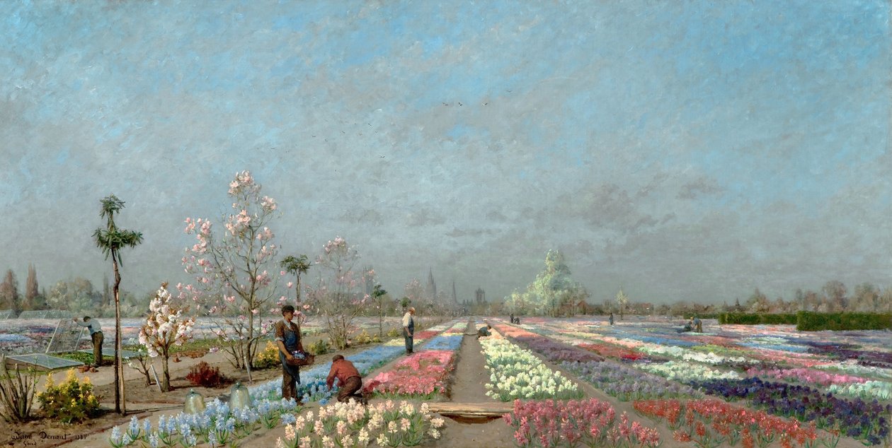 Hyacintová pole v květu ve Van Houtte Nursery, Gent s výhledem na kostel svatého Mikuláše, zvonici a katedrálu Saint Bavo, 1883 od Adrien Louis Demont