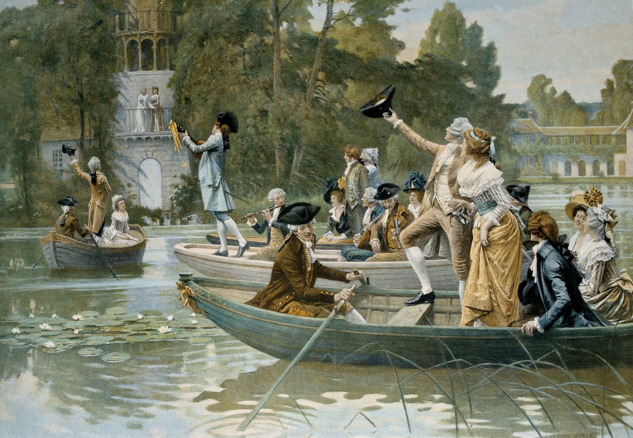 Serenade au Peer Trianon, ilustrace serenády na poctu královně Marii Antoinettě (1755-1793), před rokem 1789, rytina Adriena Moreaua (1843-1906) od Adrien Moreau