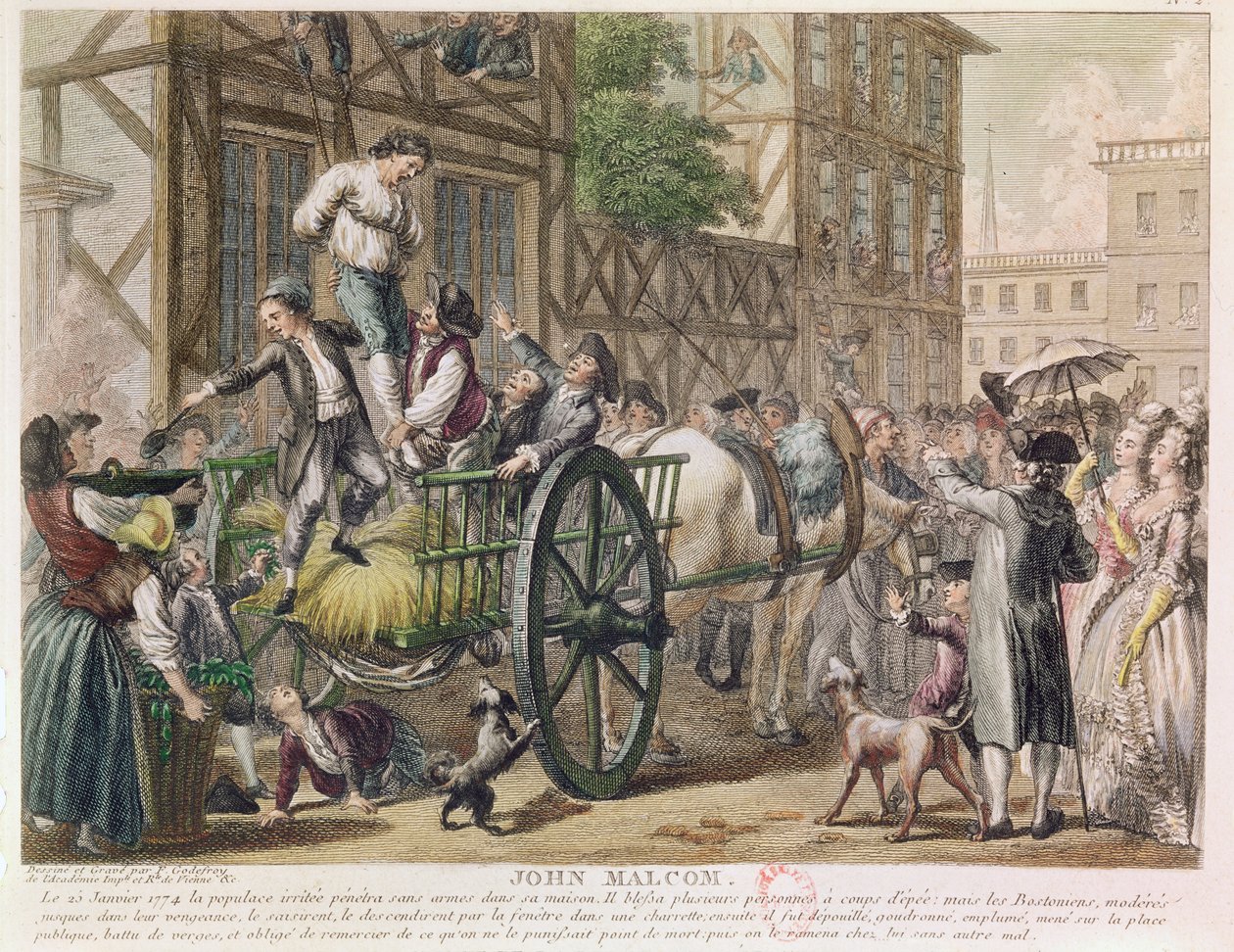 Trest Johna Malcoma bostonským obyvatelstvem 25. ledna 1774, kolem roku 1785 (barevná rytina) od Adrien Pierre Francois Godefroy
