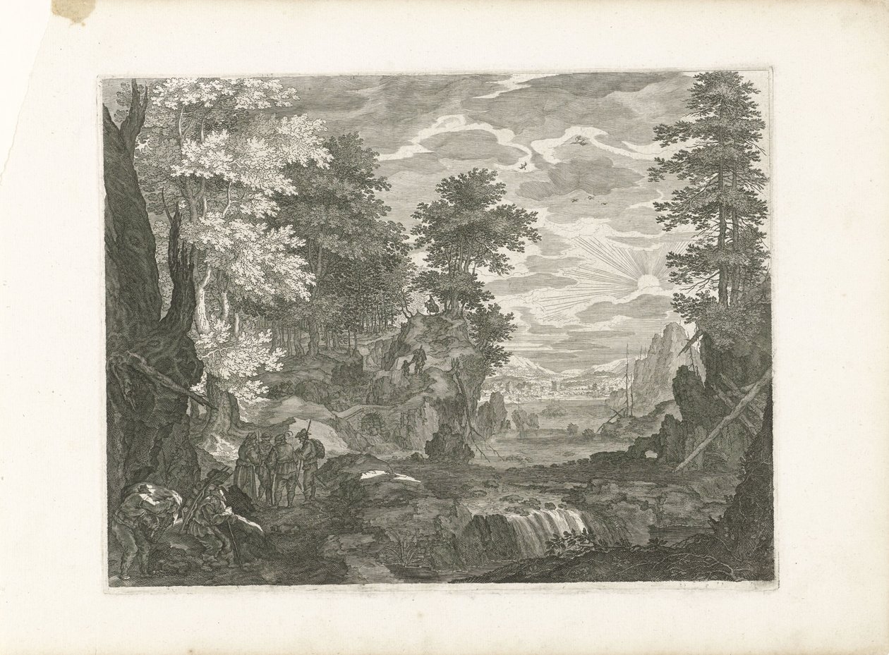 Vodopád s městem v pozadí Čtyři krajiny v Čechách (název série) od Aegidius Sadeler (II) (attributed to)