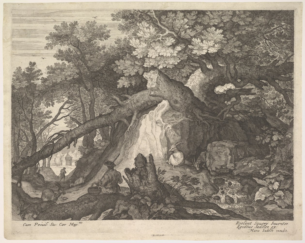 Muž držící hůl a sedící na kmeni stromu se dvěma kozami po obou stranách, surro..., ca. 1600. od Aegidius Sadeler II
