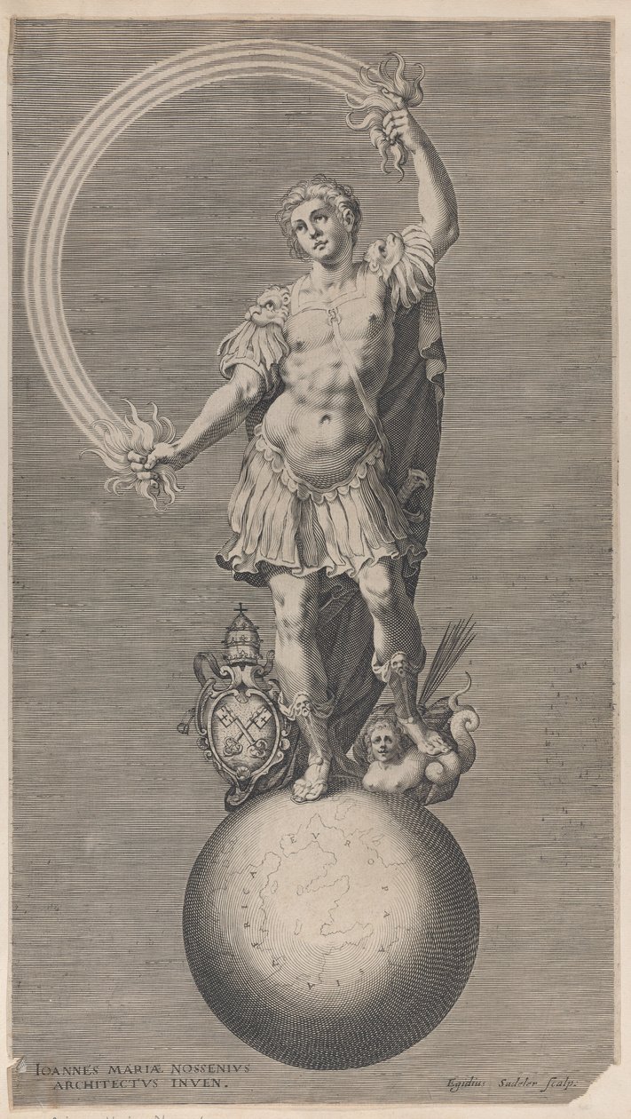 Alegorická postava válečníka stojícího na zeměkouli s papežským erbem a..., ca. 1588-1629. od Aegidius Sadeler II