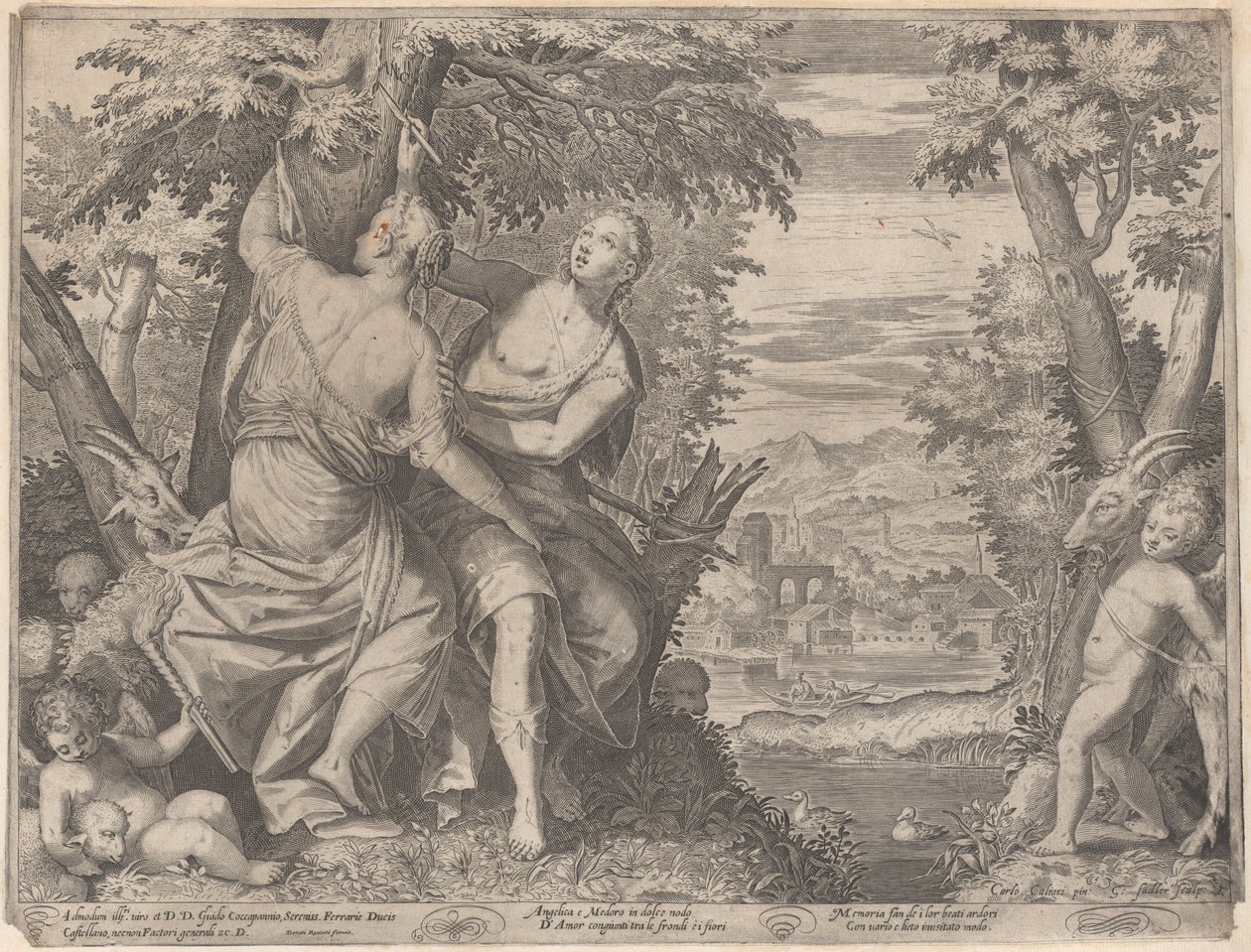 Angelica a Medoro stojí vedle potoka, zatímco Medoro vyřezává jejich jména do tr..., 1590-98. od Aegidius Sadeler II