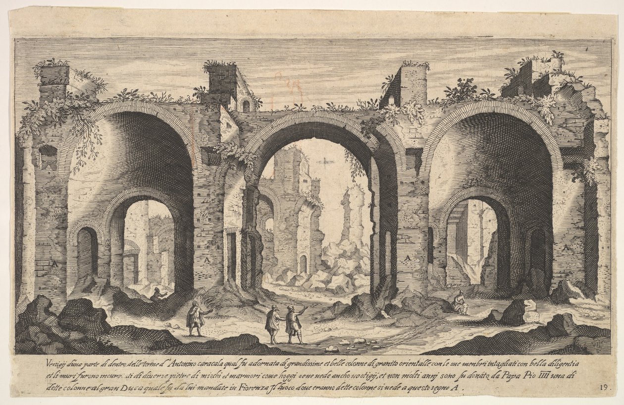Deska 19: pohled na lázně Caracalla, označující s vepsaným písmenem A místa ..., 1606. od Aegidius Sadeler II