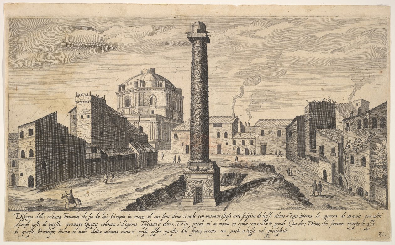 Deska 31: pohled na Trajanův sloup, zobrazený s podstavcem vykopaným ze země, su..., 1606. od Aegidius Sadeler II