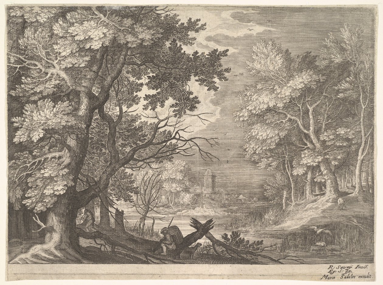 Lesní scéna s bažinatými břehy, dvěma muži a psem z profilu vlevo, dva s dlouhým krkem..., ca. 1600. od Aegidius Sadeler II