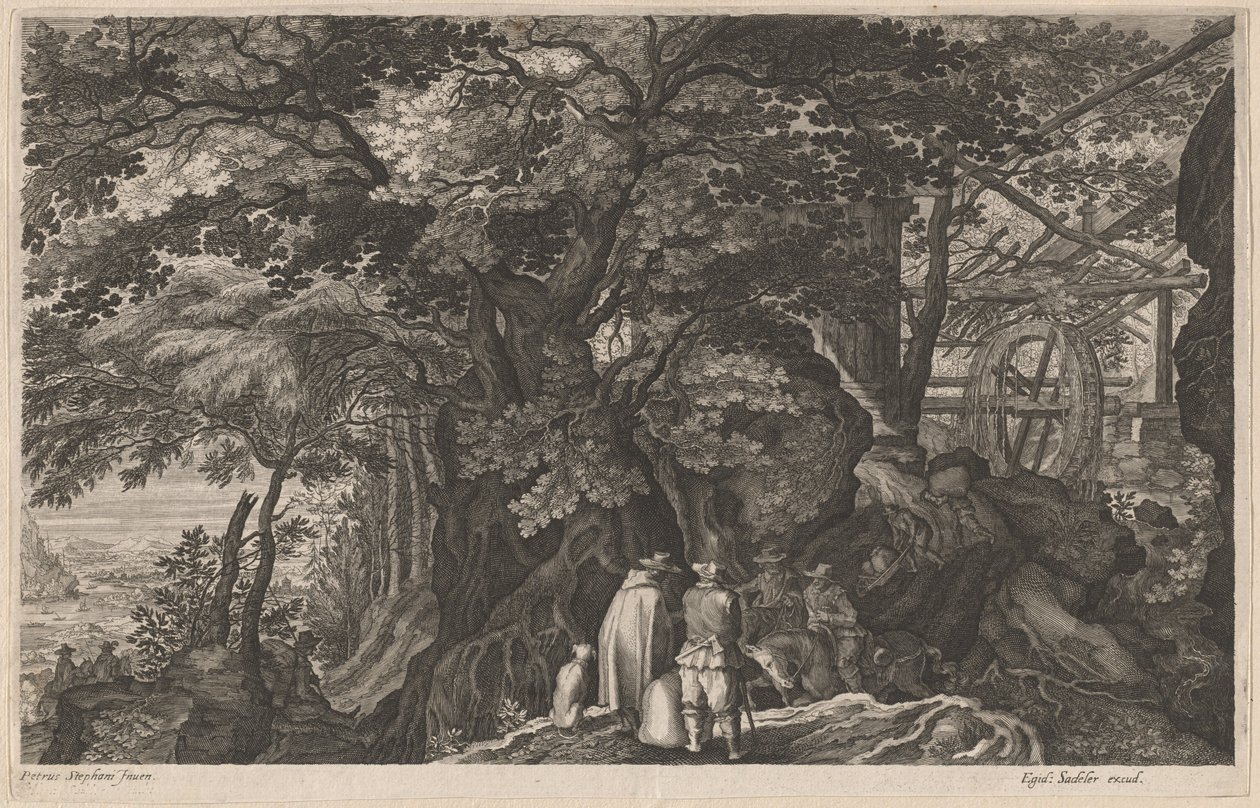 Starověké stromy u horského vodního mlýna od Aegidius Sadeler II after Pieter Stevens