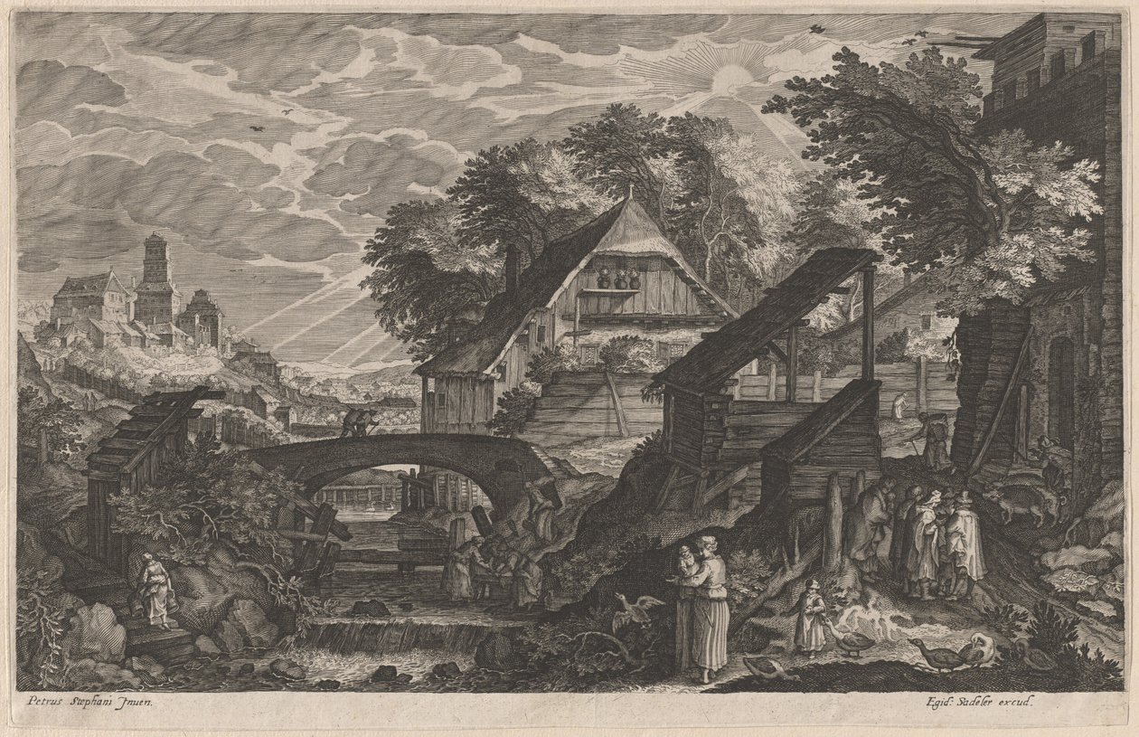 Farmy u řeky s městem za městem od Aegidius Sadeler II after Pieter Stevens