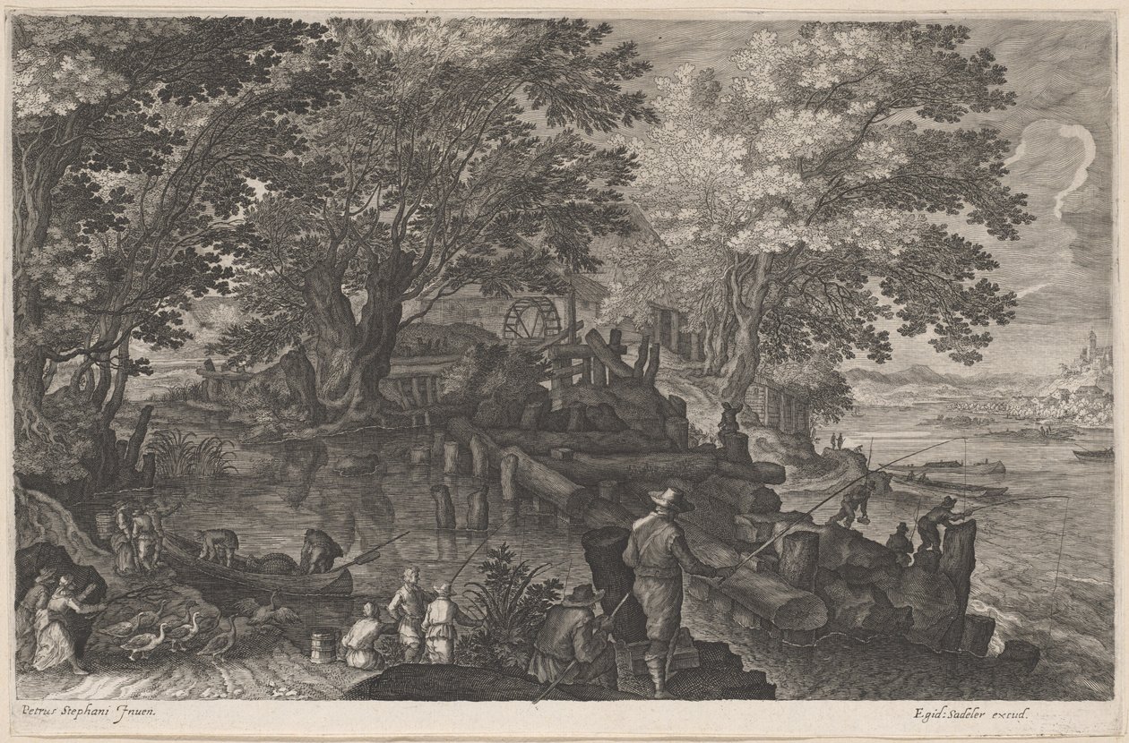 Rybáři u ostrovního vodního mlýna od Aegidius Sadeler II after Pieter Stevens