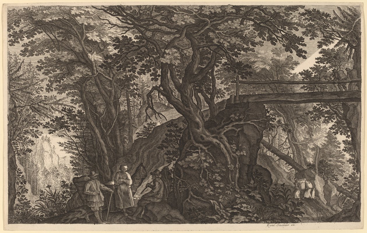 Lesní krajina se dvěma muži a ženou odpočívající u mostu od Aegidius Sadeler II after Pieter Stevens