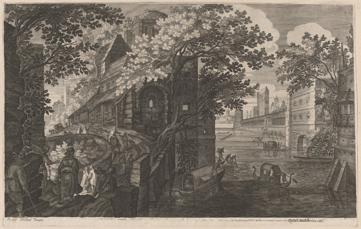 Gondoly na řece u paláce od Aegidius Sadeler II after Pieter Stevens