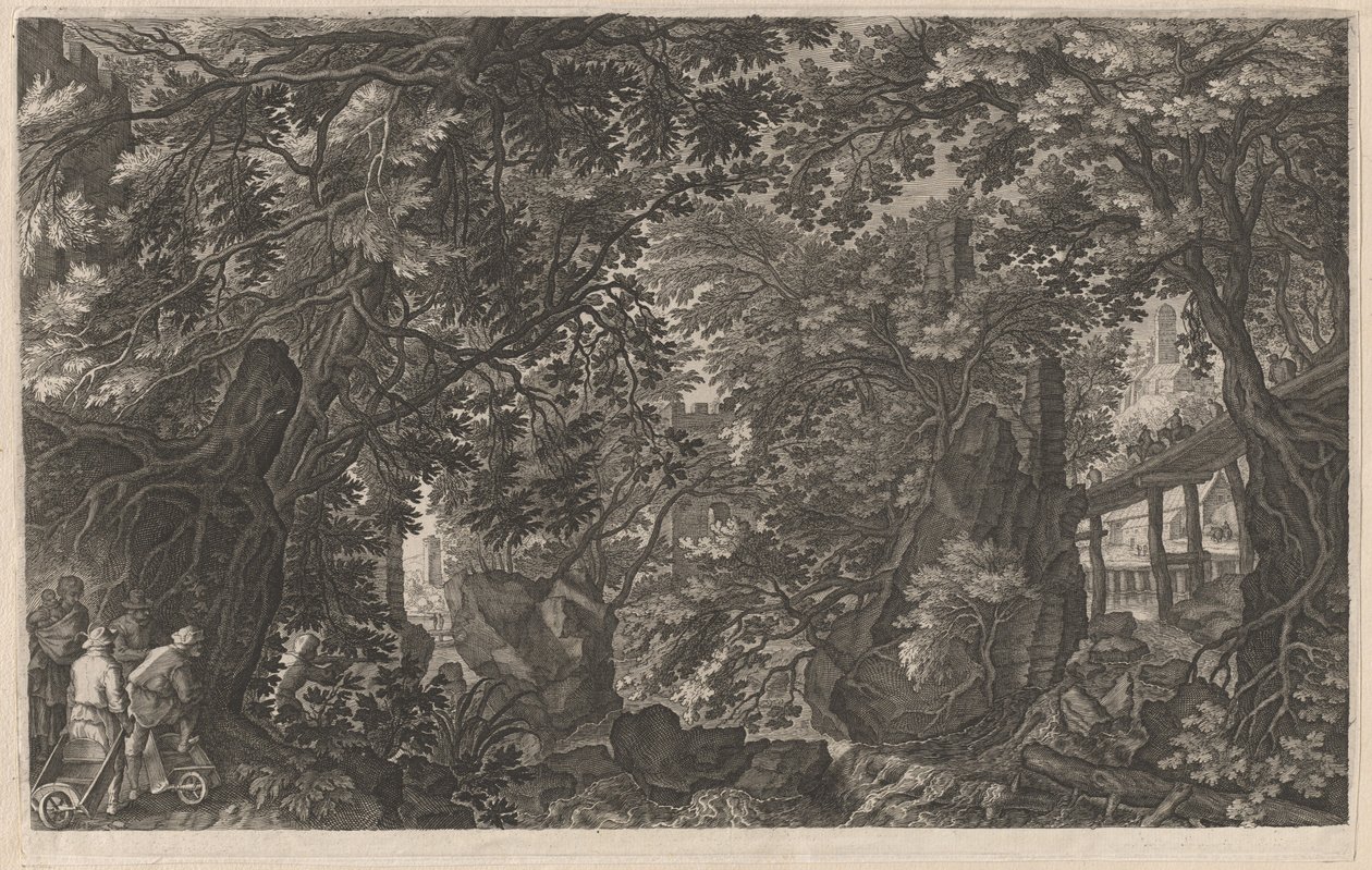 Lovci v lese poblíž dřevěného mostu od Aegidius Sadeler II after Pieter Stevens
