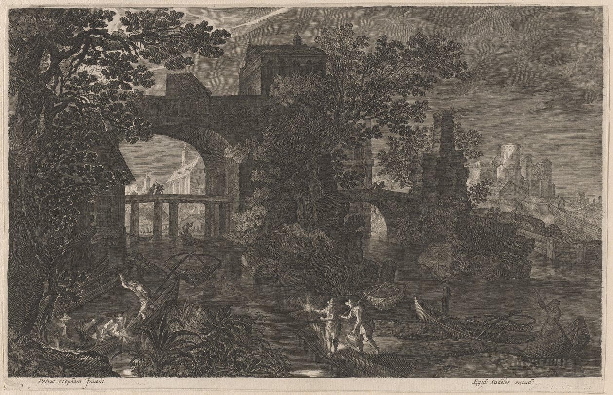 Noční rybaření u opevněných mostů od Aegidius Sadeler II after Pieter Stevens