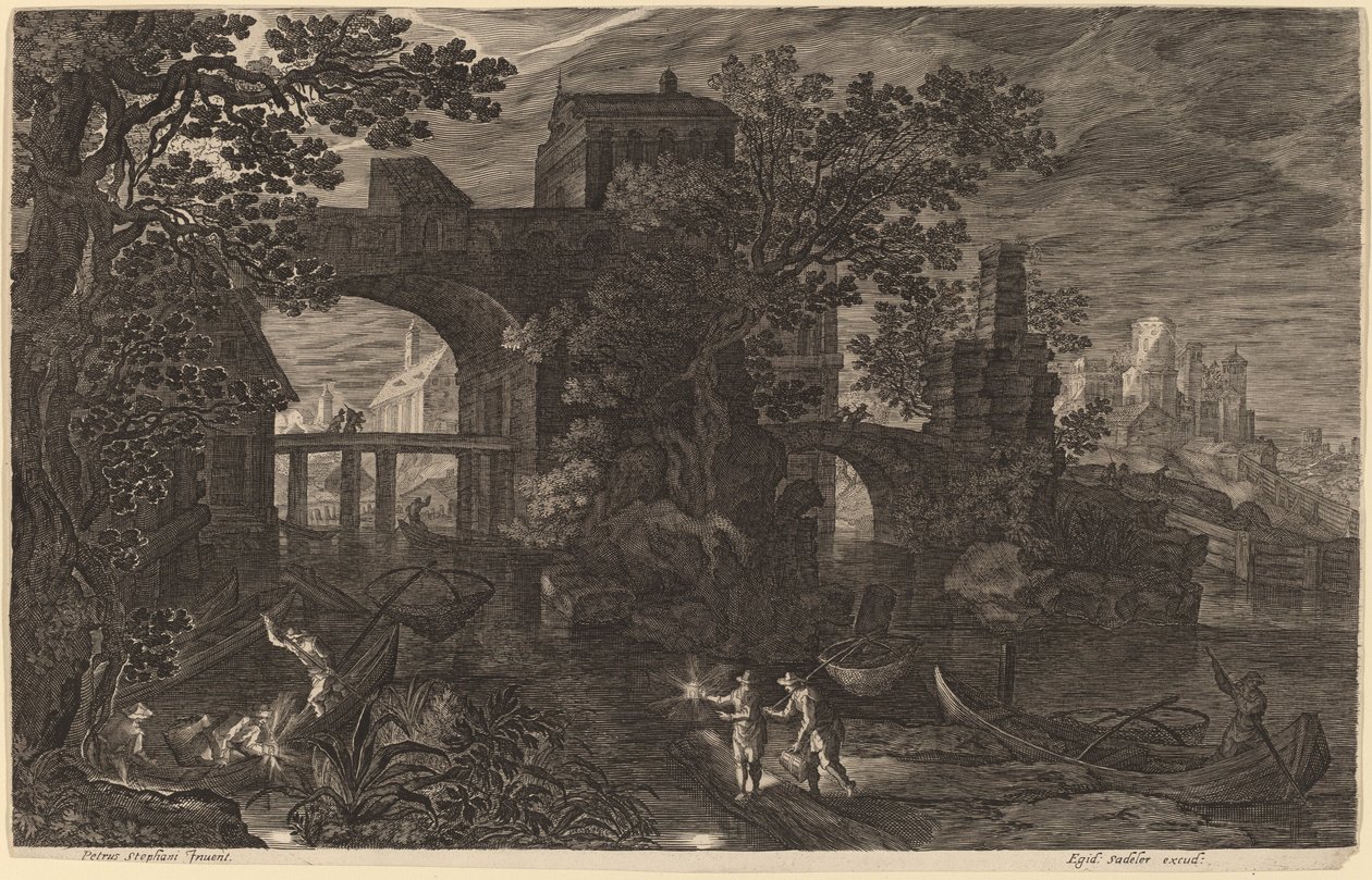 Noční krajina s říčními rybáři mimo městské hradby od Aegidius Sadeler II after Pieter Stevens