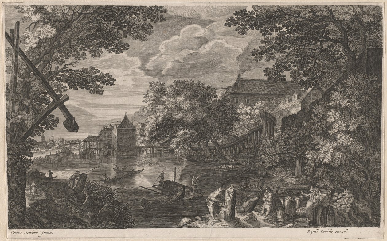 Říční krajina s rybáři u opevněného města od Aegidius Sadeler II after Pieter Stevens