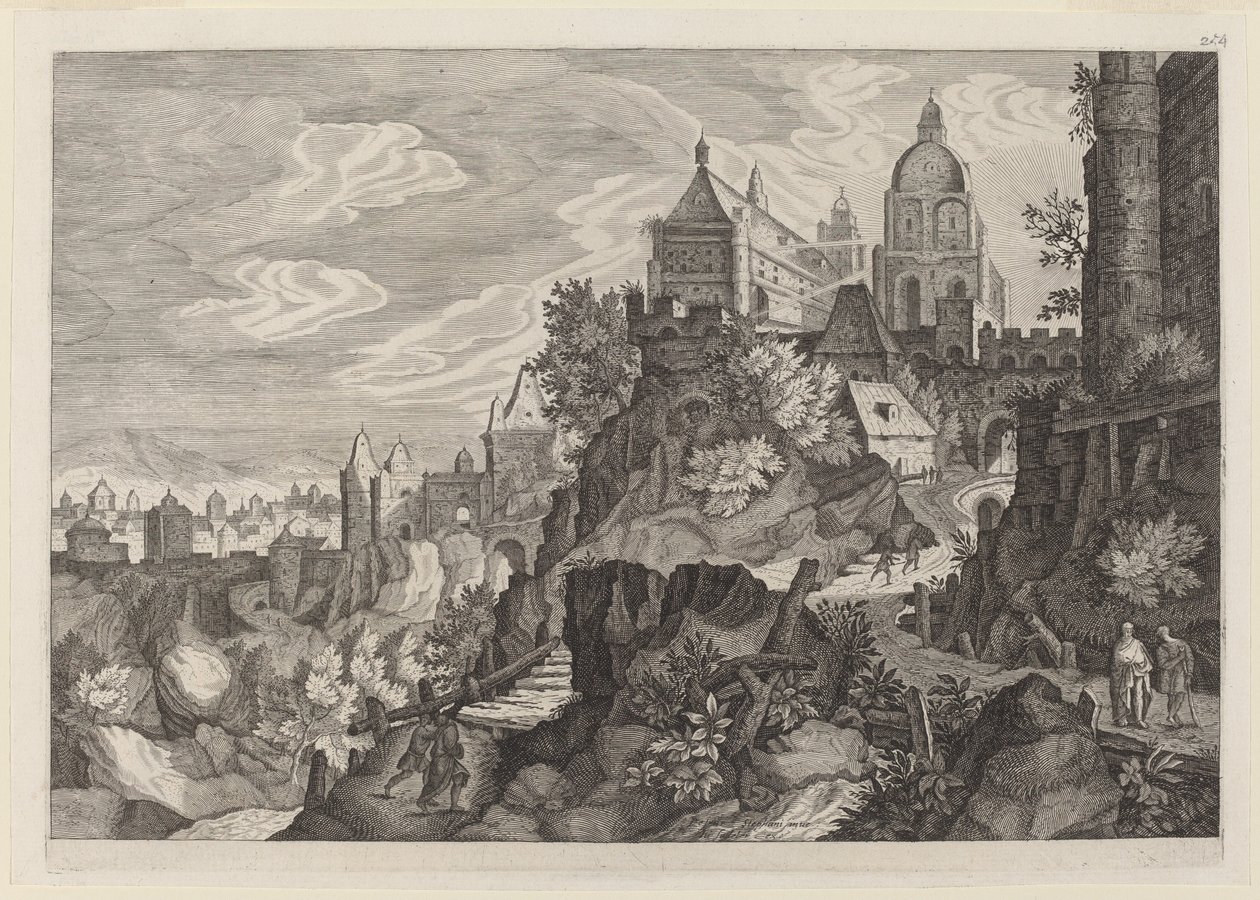 Skalnatá krajina v Čechách od Aegidius Sadeler II after Pieter Stevens