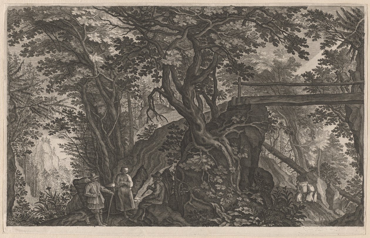Cestovatelé odpočívající v horském lese u Log Bridge od Aegidius Sadeler II after Pieter Stevens