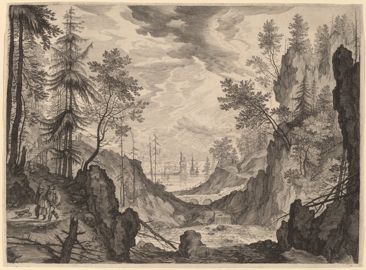 Lesní scéna s vodopádem od Aegidius Sadeler II after Roelandt Savery