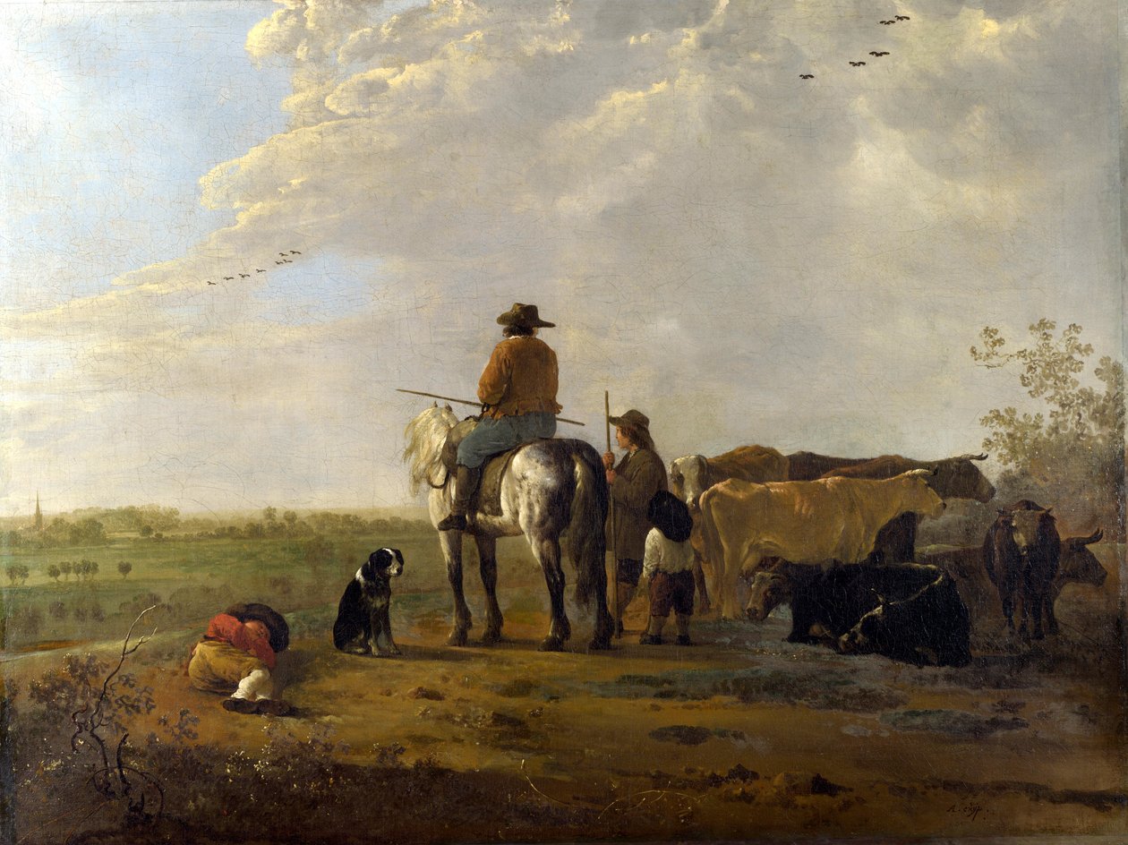 Krajina s jezdcem, pastevci a dobytkem od Aelbert Cuyp