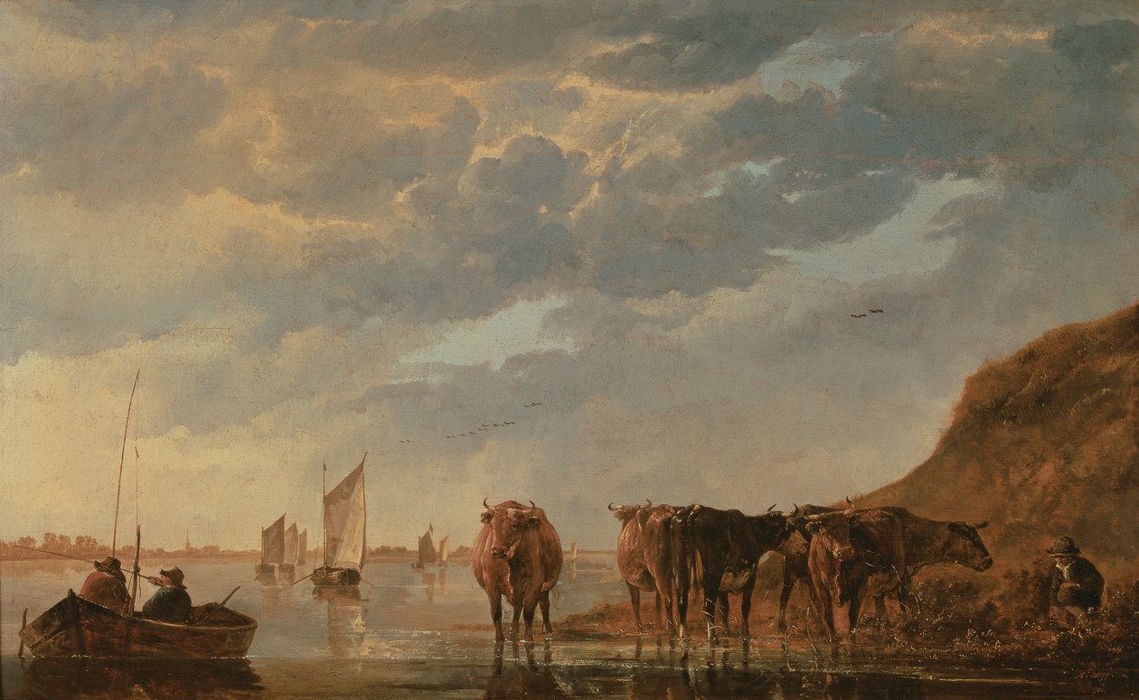 Pastevec s pěti krávami u řeky, cca 1650 (panel) od Aelbert Cuyp