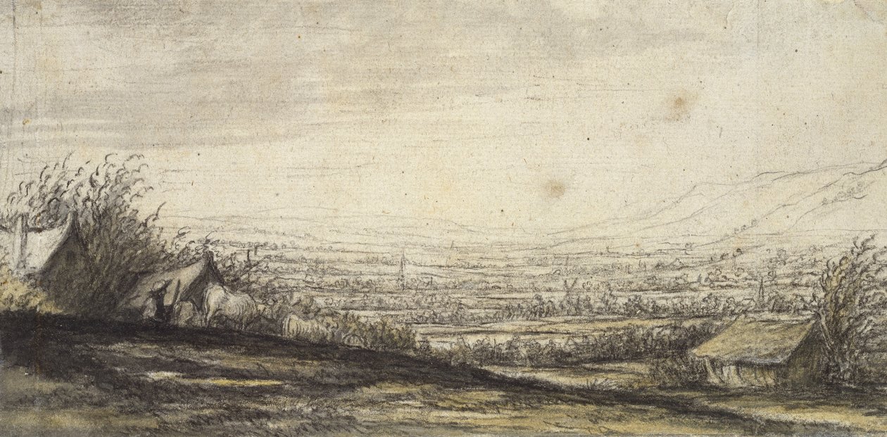 Rozsáhlá krajina s chalupou a dobytkem (černá křída, šedá a žlutá barva) od Aelbert Cuyp