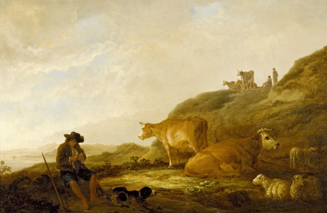 Sedící ovčák s krávami a ovcemi na louce, 1644 (olej na dubovém panelu) od Aelbert Cuyp