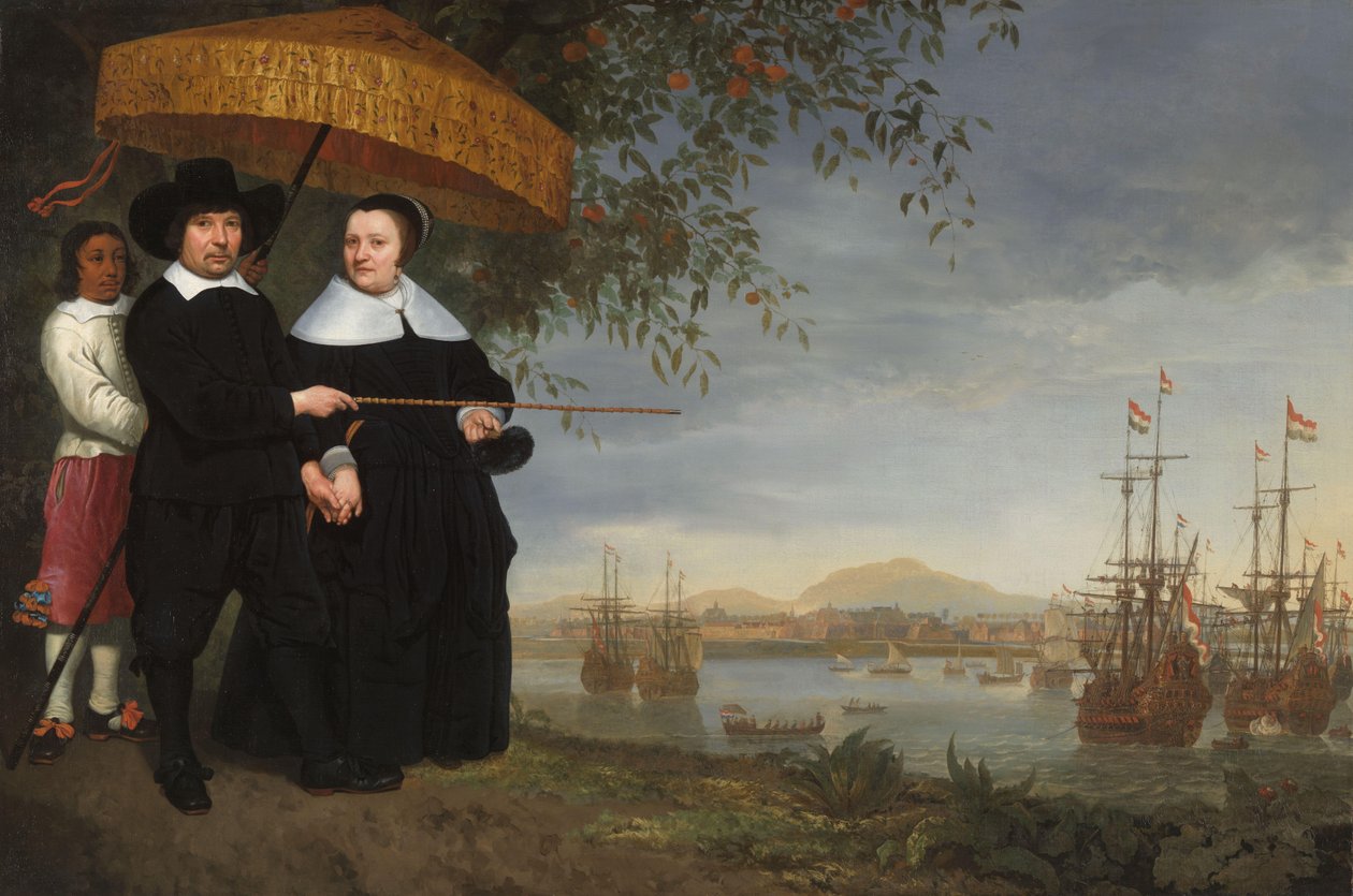 VOC Senior Merchant se svou ženou a zotročeným sluhou od Aelbert Cuyp (circle of)