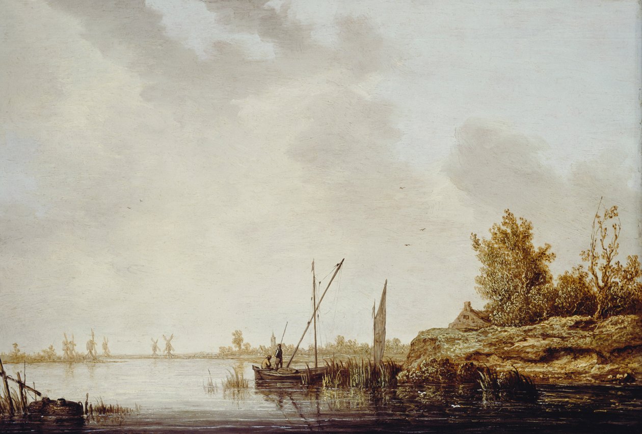Říční scéna se vzdálenými větrnými mlýny, c.1640-42 od Aelbert Cuyp