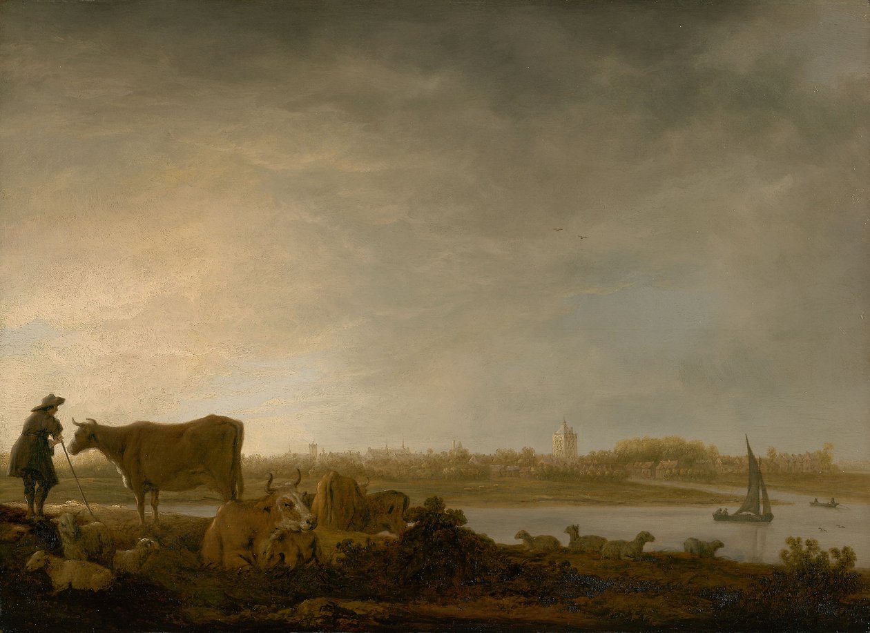 Pohled na Vianen s pastevcem a dobytkem u řeky, asi 1643-45 (olej na desce) od Aelbert Cuyp