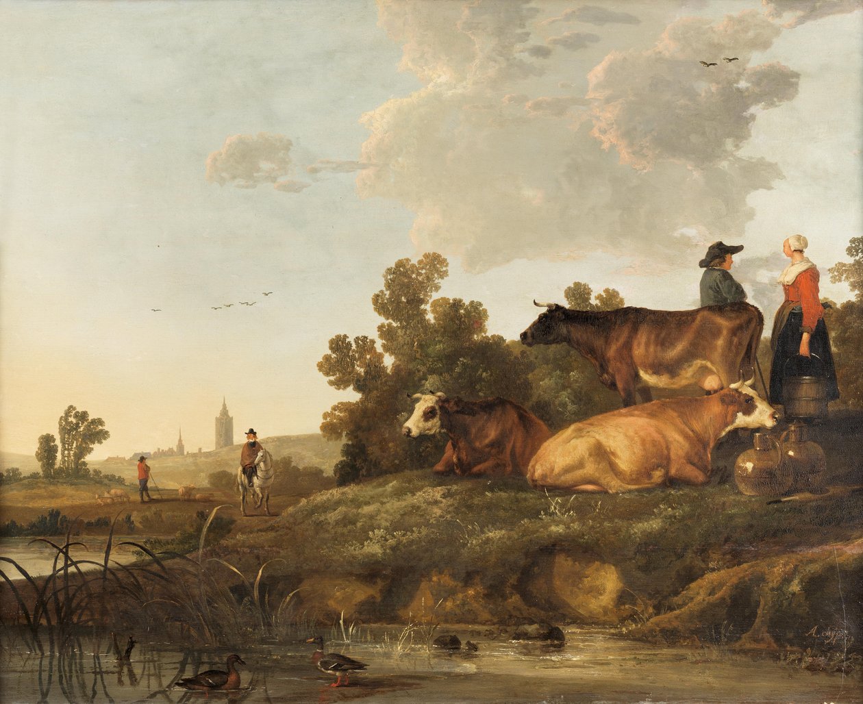 Dojič a dojička stojí u dobytka, v dálce je výhled na město. od Aelbert Cuyp