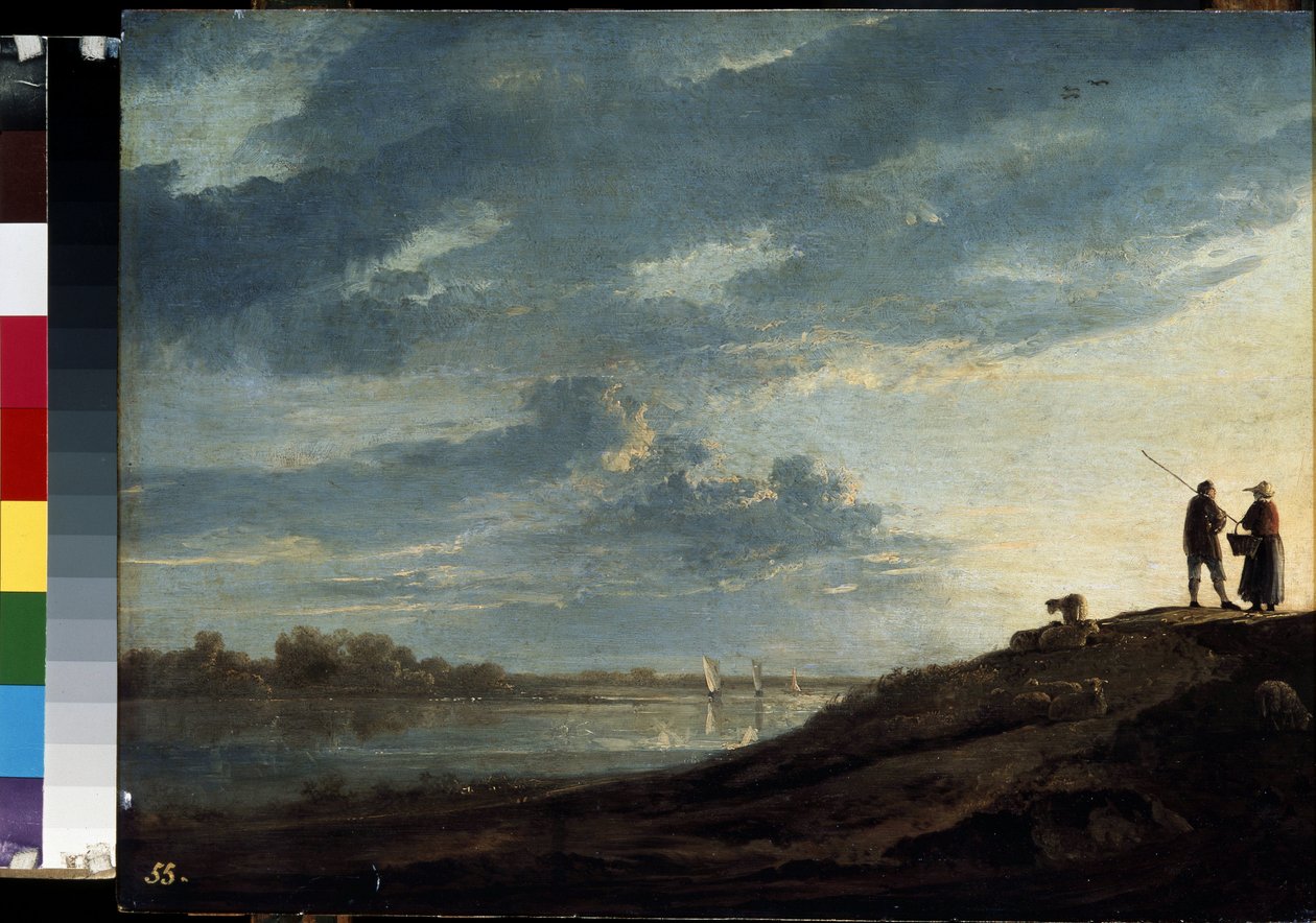 Západ slunce nad řekou Malba Alberta (Aelberta nebo Aelbrechta) Cuypa (1620-1691) cca 1650 Rozměr 38,5 x 53 cm Muzeum Ermitáž, Petrohrad od Aelbert Cuyp