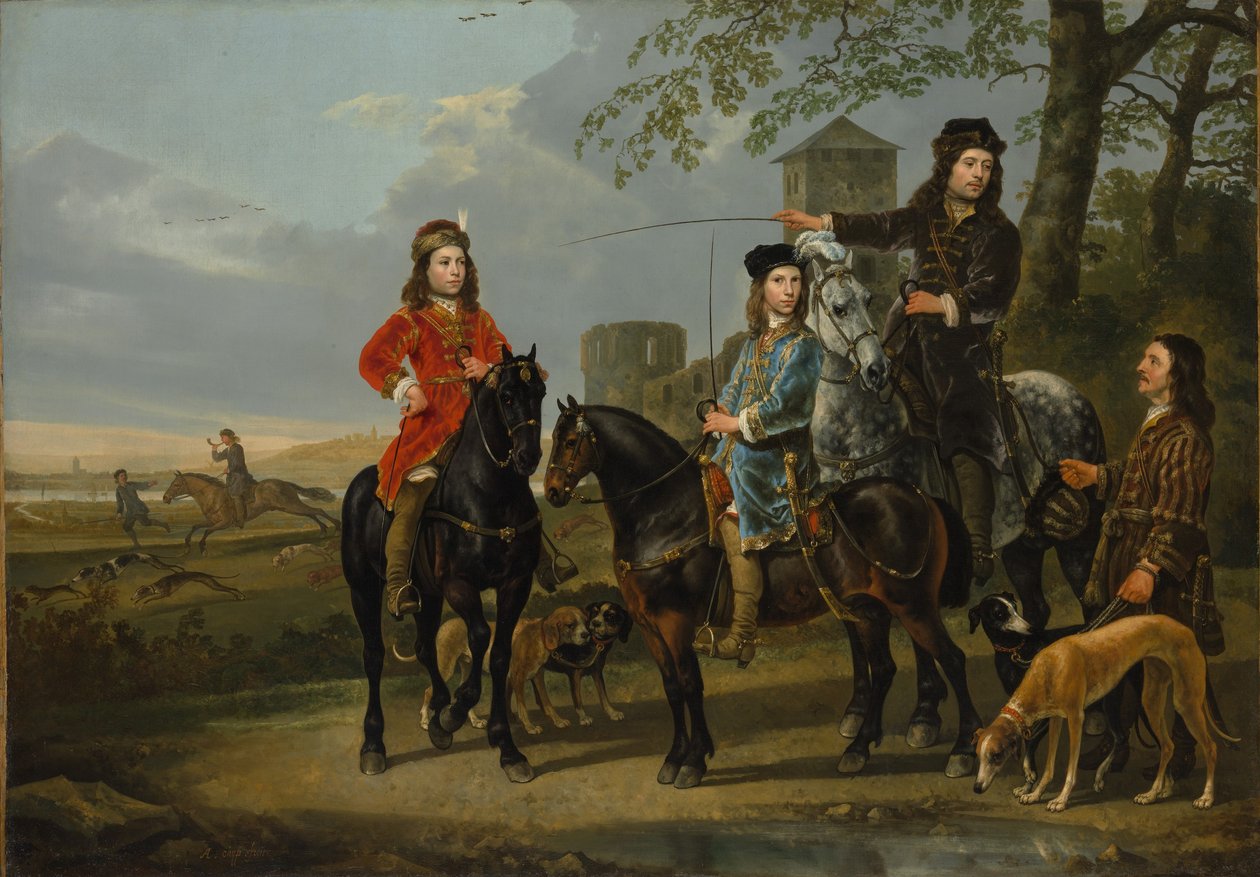 Jezdecký portrét Cornelise (1639–1680) a Michiela Pompeho van Meerdervoorta (1638–1653) s jejich vychovatelem a kočím od Aelbert Cuyp