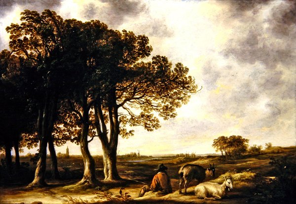Pastýř v krajině, daleký pohled na Amsterdam (olej na panelu) od Aelbert Cuyp