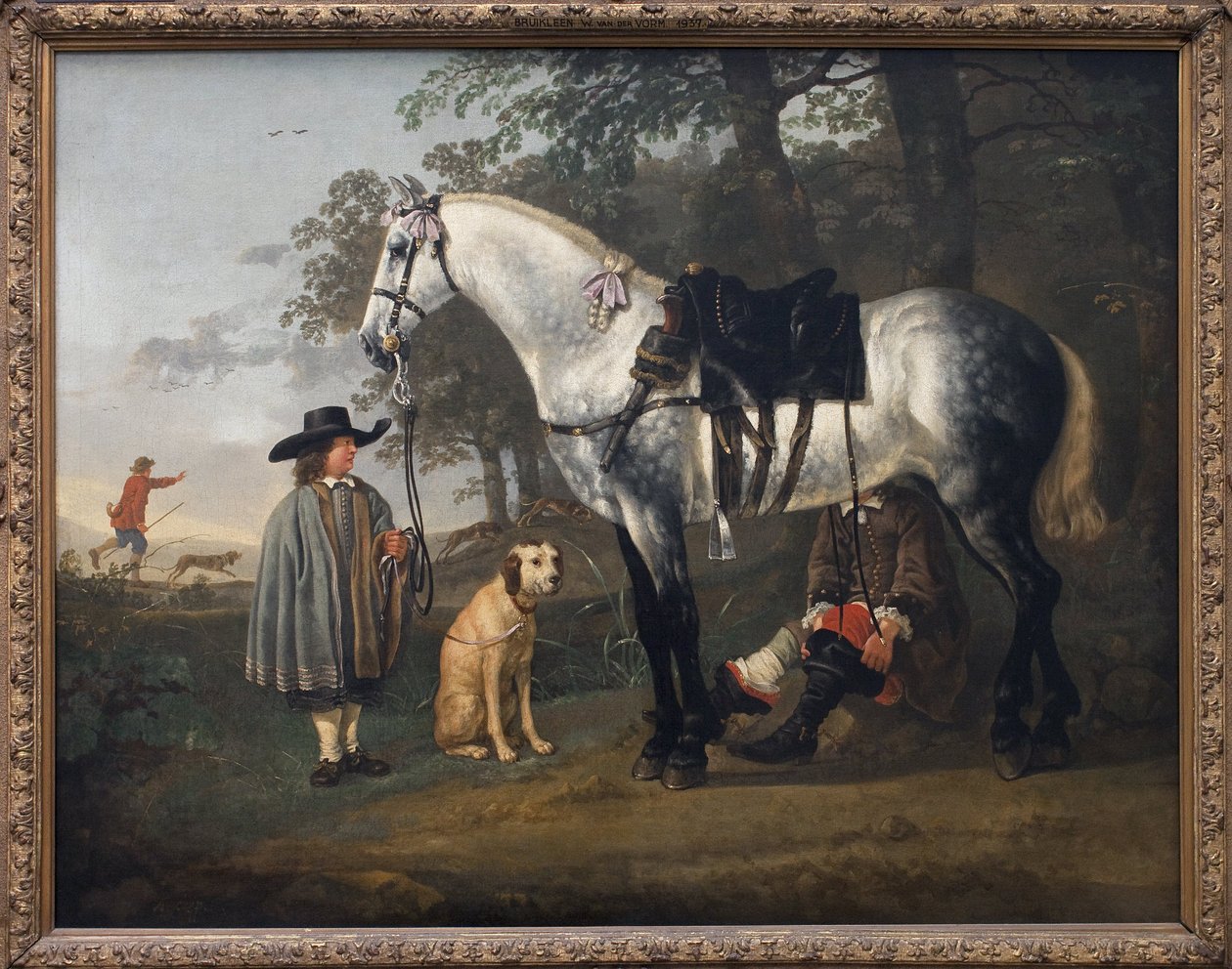 Šedý kůň v krajině. Obraz Alberta (Aelberta nebo Aelbrechta) Cuypa (1620-1691), olej na plátně, kolem roku 1650. Nizozemské umění od Aelbert Cuyp