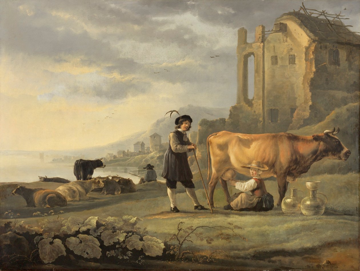 Krajina se služkou dojící krávu od Aelbert Cuyp