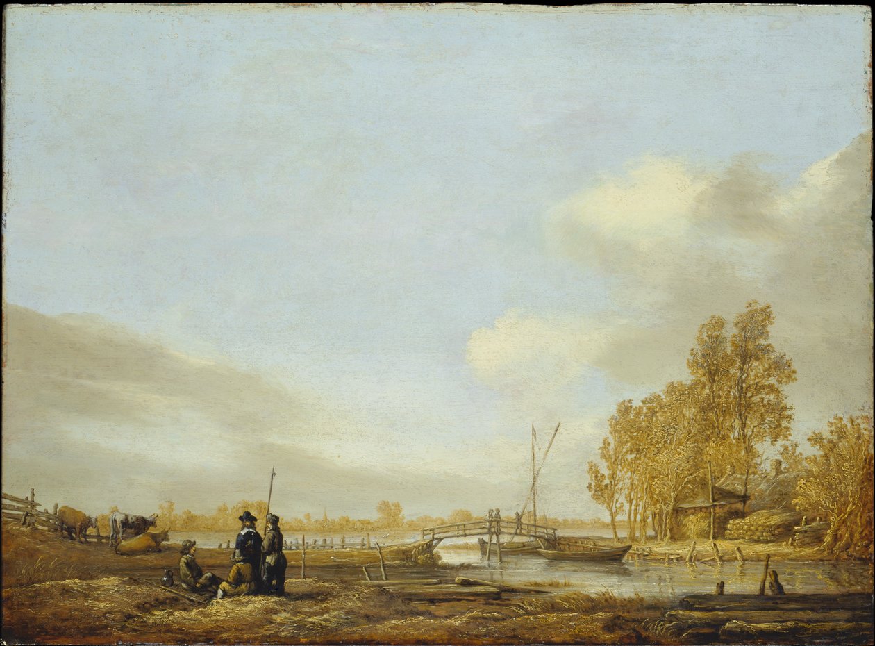Říční krajina s lávkou pro pěší od Aelbert Cuyp