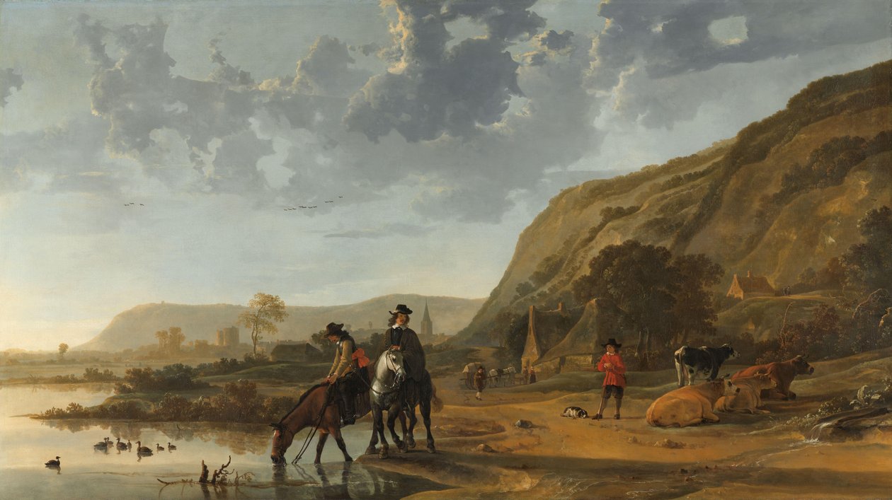 Říční krajina s jezdci Říční krajina poblíž Nijmegenu s jezdci napájejícími své koně od Aelbert Cuyp