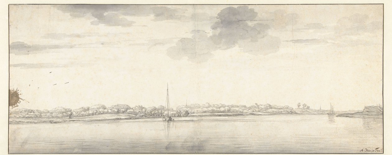 Rozsáhlý výhled na řeku s loděmi na klidné vodě od Aelbert Cuyp